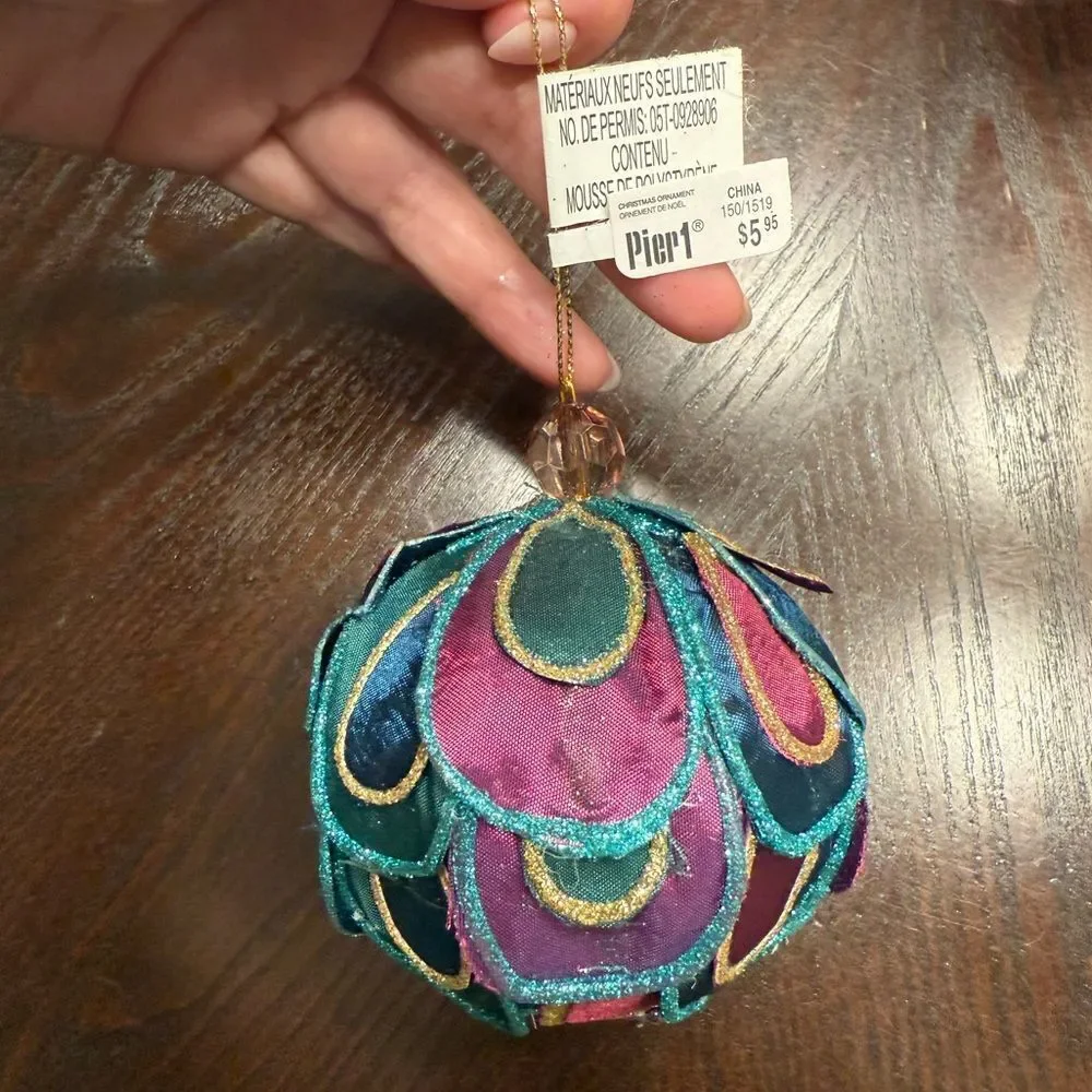 Vintage Pier One Peacock Fabric Glitter Christmas Tree Ornaments Decor Holiday